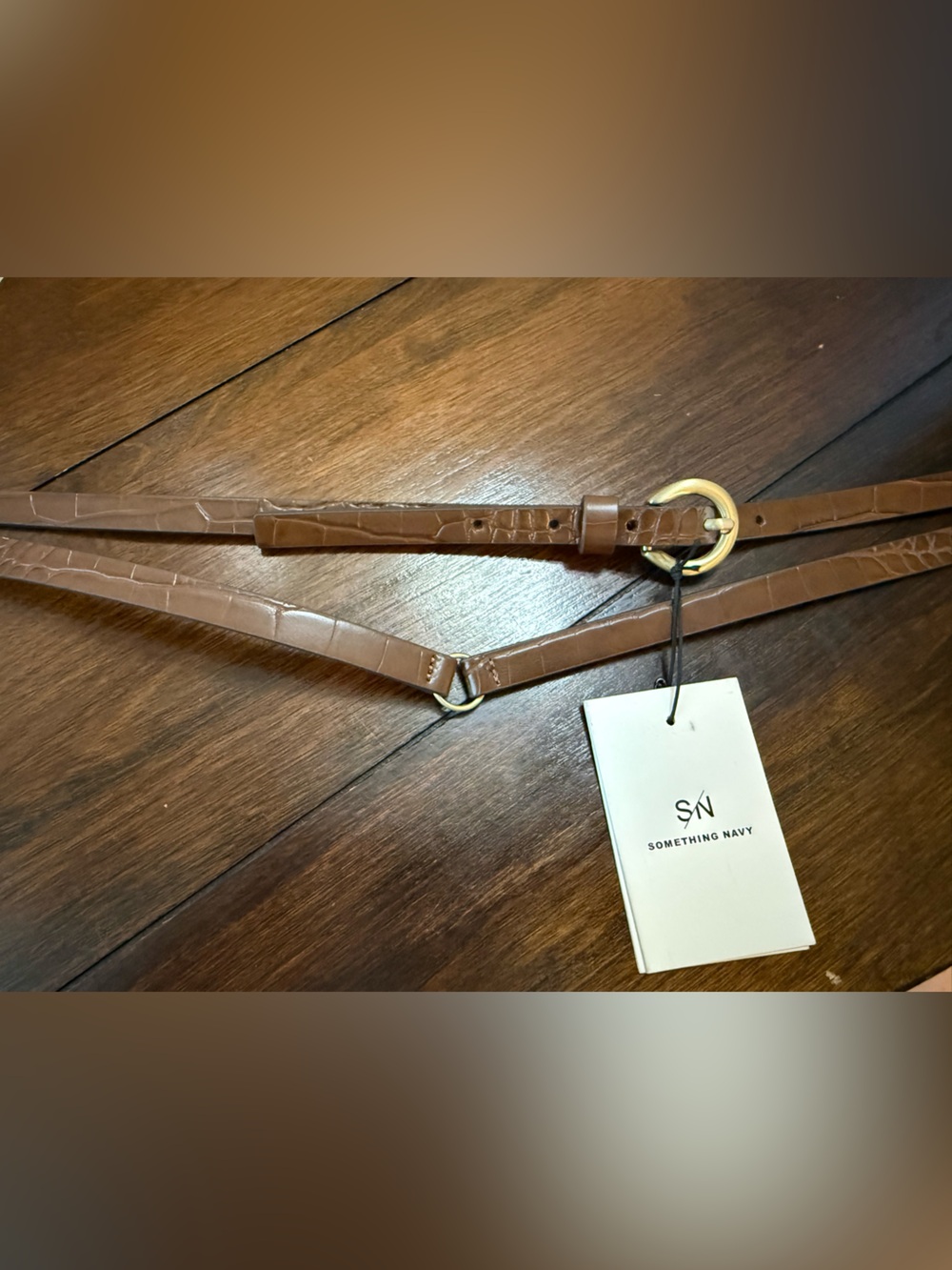 Something Navy Brown Faux-Croc Thin Belt with Gold Ring Accent S/M